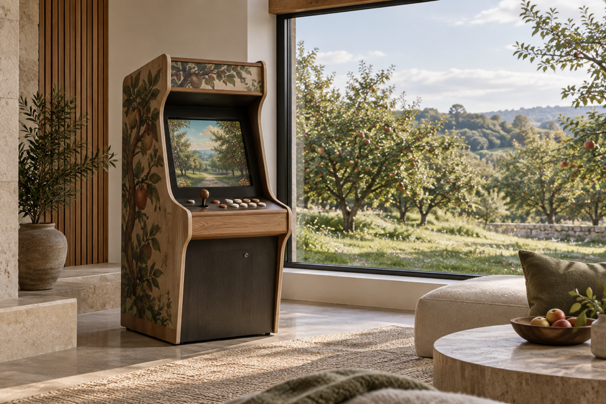 Modern window overlooking a sunlit orchard
